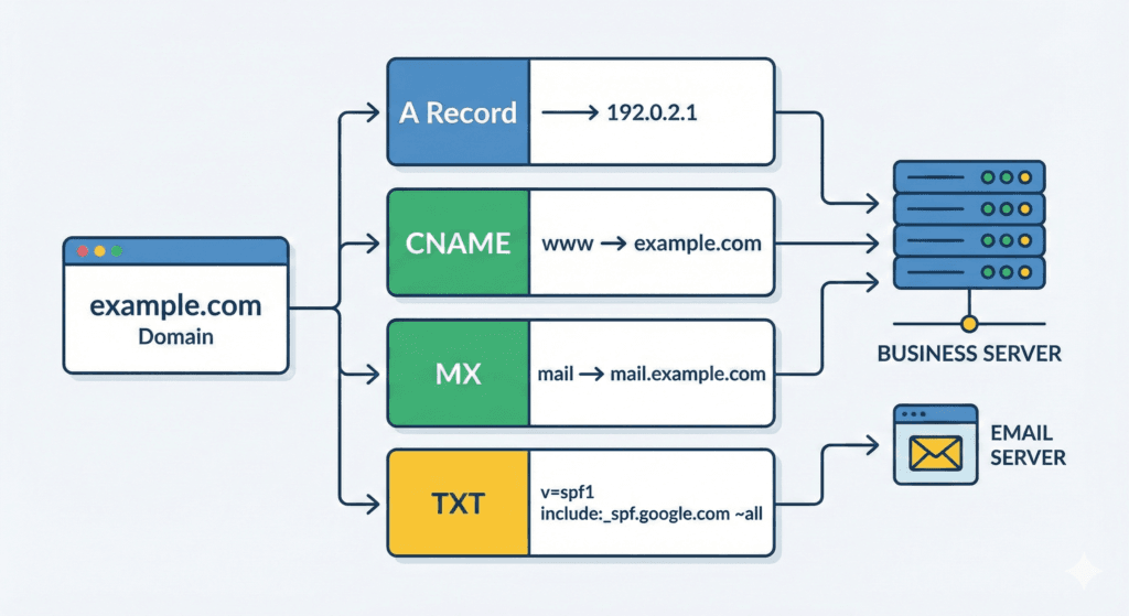 Diagram of DNS records for example.com: A, CNAME, MX, and TXT entries pointing to servers and email settings