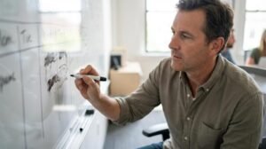 A man writing on a whiteboard in an office setting, focused on his task.