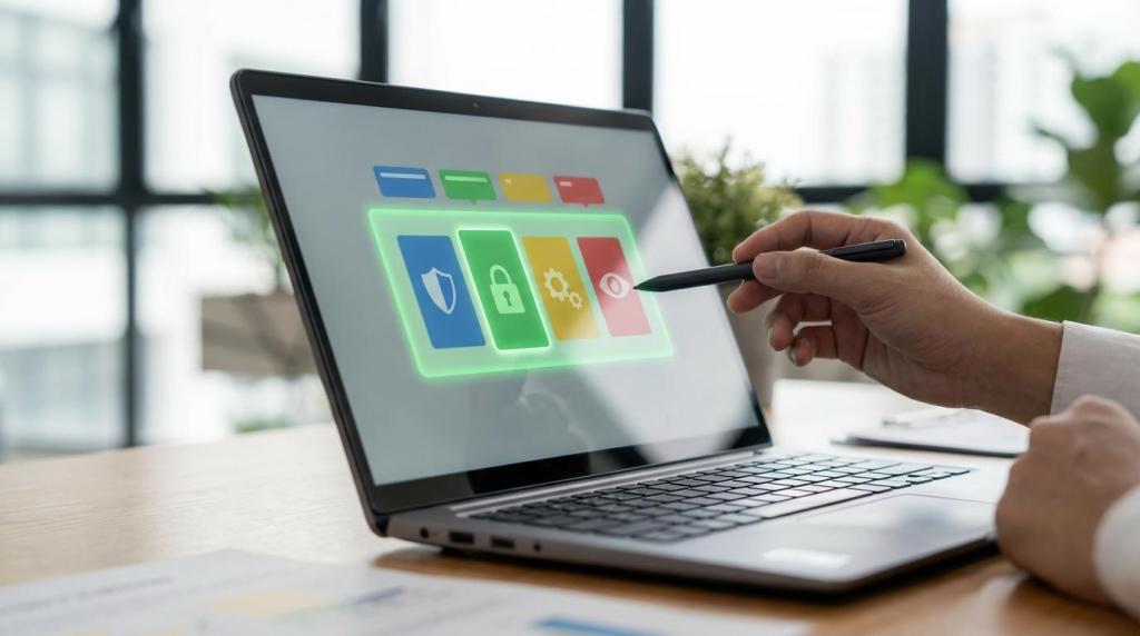 Cybersecurity Elk Grove: Protecting Your Business Assets 1 Person using a stylus to interact with security and settings icons on a laptop screen.