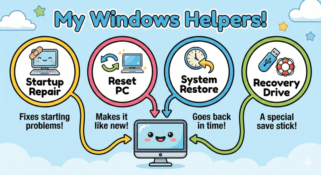 My Windows recovery tools: Startup Repair, Reset PC, System Restore, and Recovery Drive