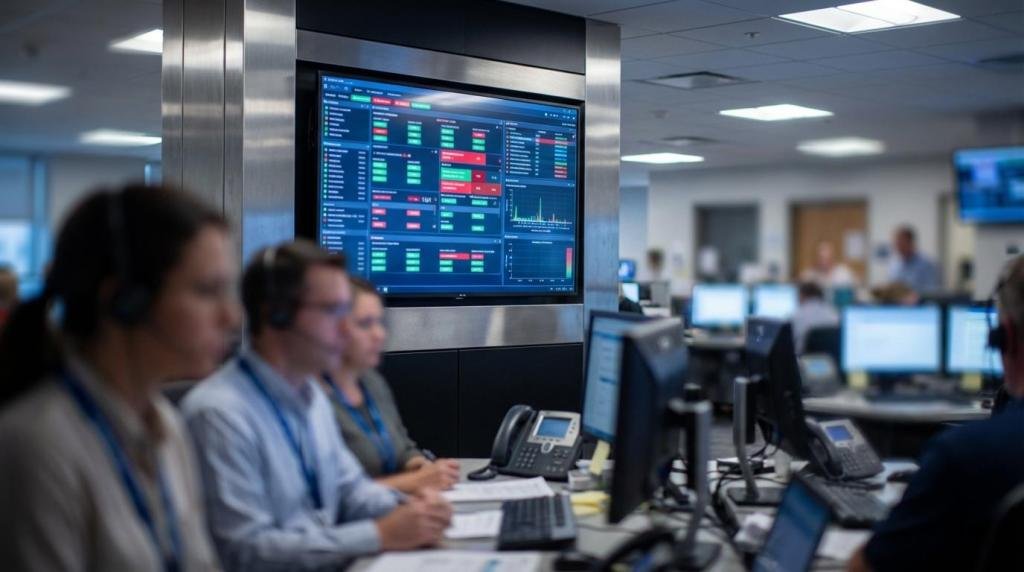 Employees monitor cybersecurity dashboards in a control room, ensuring managed IT services in Sacramento, California.