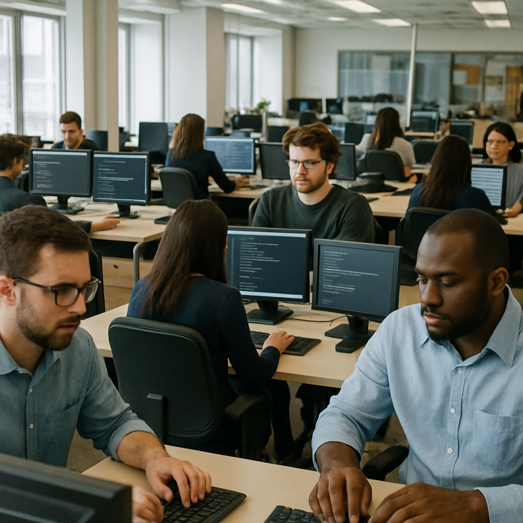 A bustling office environment with IT professionals working on computers