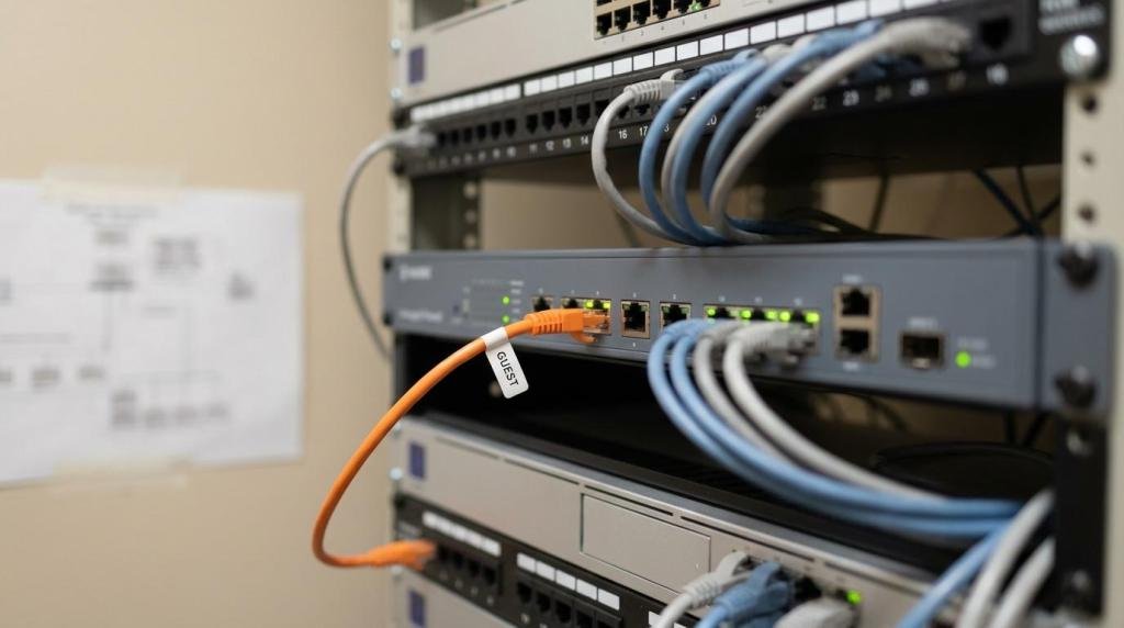 Networking equipment with multiple Ethernet cables connected, including a prominent orange cable labeled "Guest."