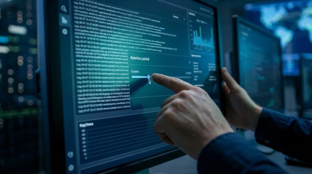 Log Retention for HIPAA and Security: What to Keep and For How Long 1 Person interacting with a touch screen displaying data, graphs, and a menu selection for a retention period.
