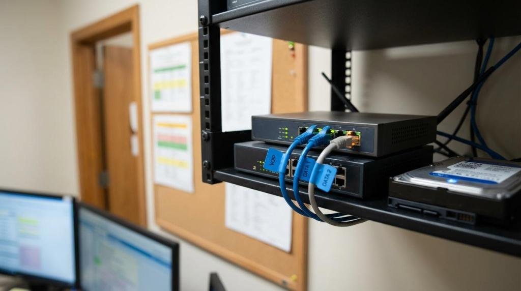 Network routers and cables on a server rack in an office, illustrating managed IT services for business support.