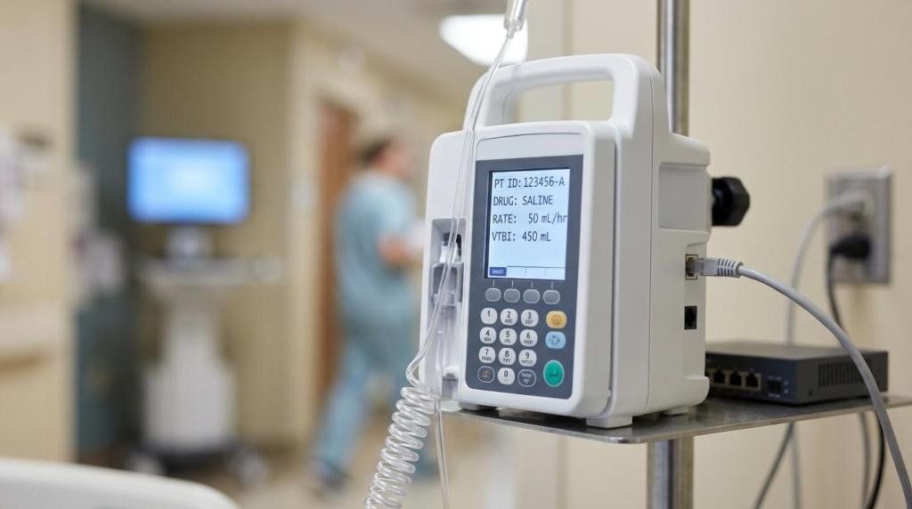 A medical infusion pump displaying saline solution details on its screen, situated in a hospital hallway with blurred medical staff in the background.