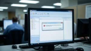 Computer monitor displaying an error message in an office setting with people working in the background.