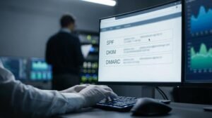 Person typing on a keyboard in front of a monitor displaying SPF, DKIM, and DMARC settings in a dimly lit room.