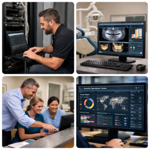 A collage showing a technician working on servers, dental x-rays on a monitor, medical staff reviewing a computer, and a security operations dashboard.