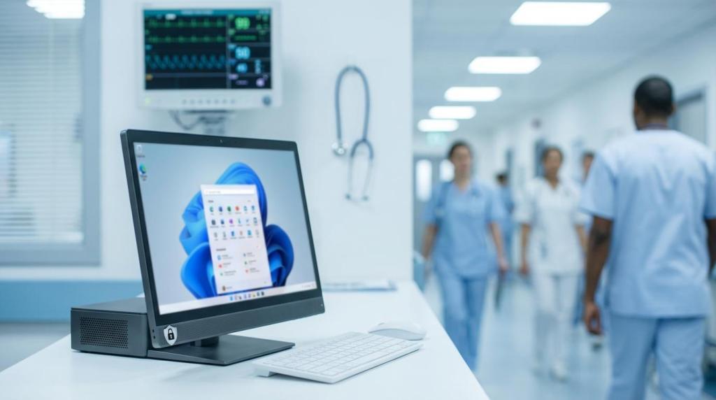 A hospital workstation with a computer displaying the Windows interface, and medical staff walking in the hallway.