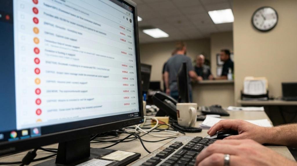 A person working at a desk with a computer displaying an email inbox; office setting with a group of people in the background.