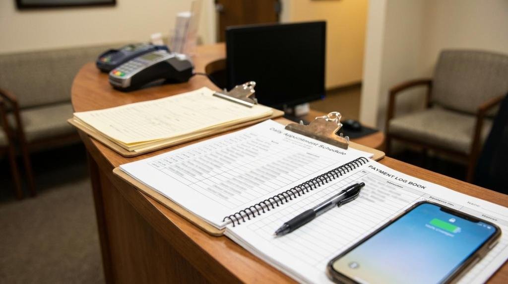 A reception desk with a clipboard, open appointment book, pen, and smartphone charging.