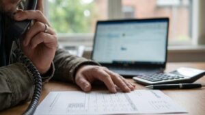 A person making a phone call at a desk with a financial document, laptop, calculator, and pen.