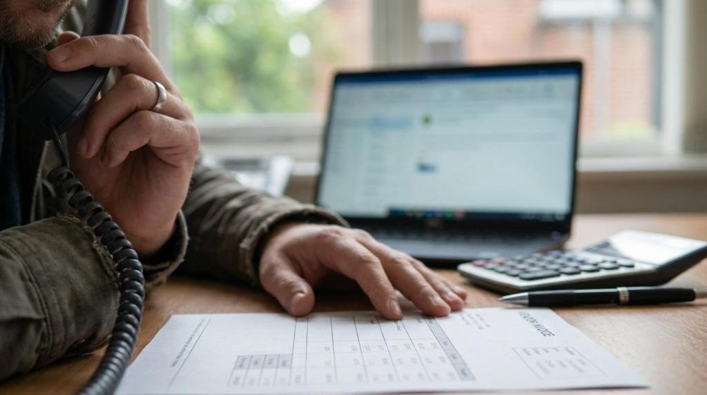A person making a phone call at a desk with a financial document, laptop, calculator, and pen.