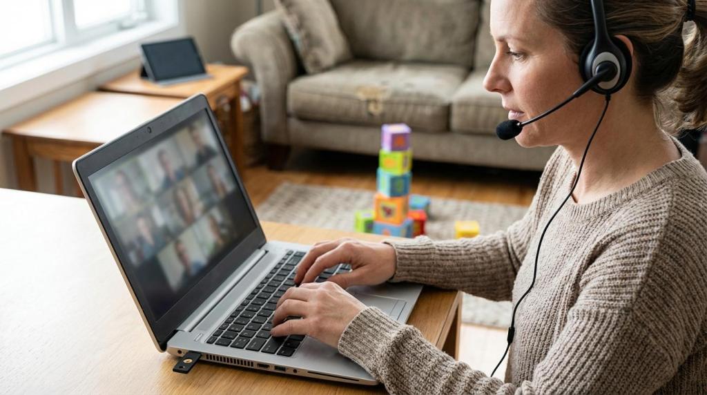 A woman wearing a headset works on a laptop at a wooden table in a cozy room with a stack of colorful blocks in the background.
