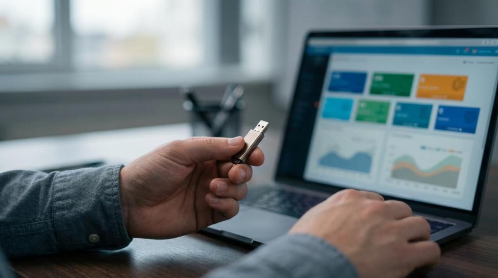 A person holding a USB drive in front of a laptop displaying colorful data graphs on the screen.
