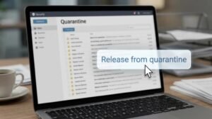 Laptop screen showing a security quarantine list with an option highlighted to "Release from quarantine."