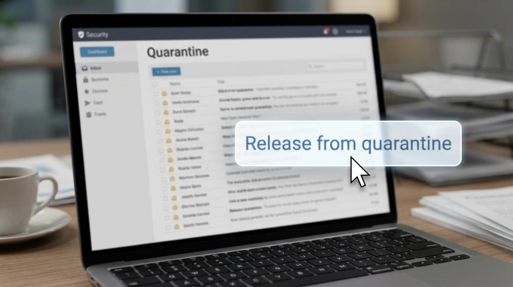 Laptop screen showing a security quarantine list with an option highlighted to "Release from quarantine."