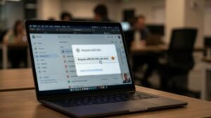 Laptop screen displaying a file-sharing setting, "Anyone with the link can view," in an office environment.