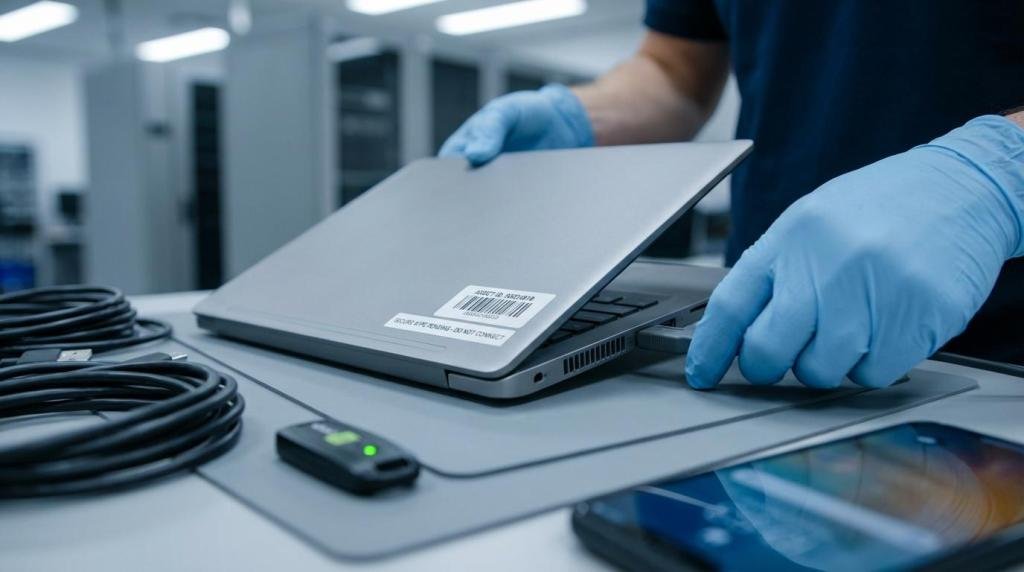A person wearing gloves examines a laptop with a barcode sticker, surrounded by cables and electronic devices.