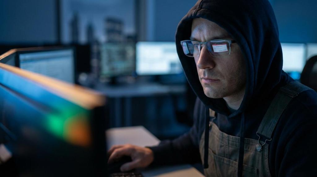 A person wearing a hoodie and glasses focuses intently on a computer screen in a dimly lit room.