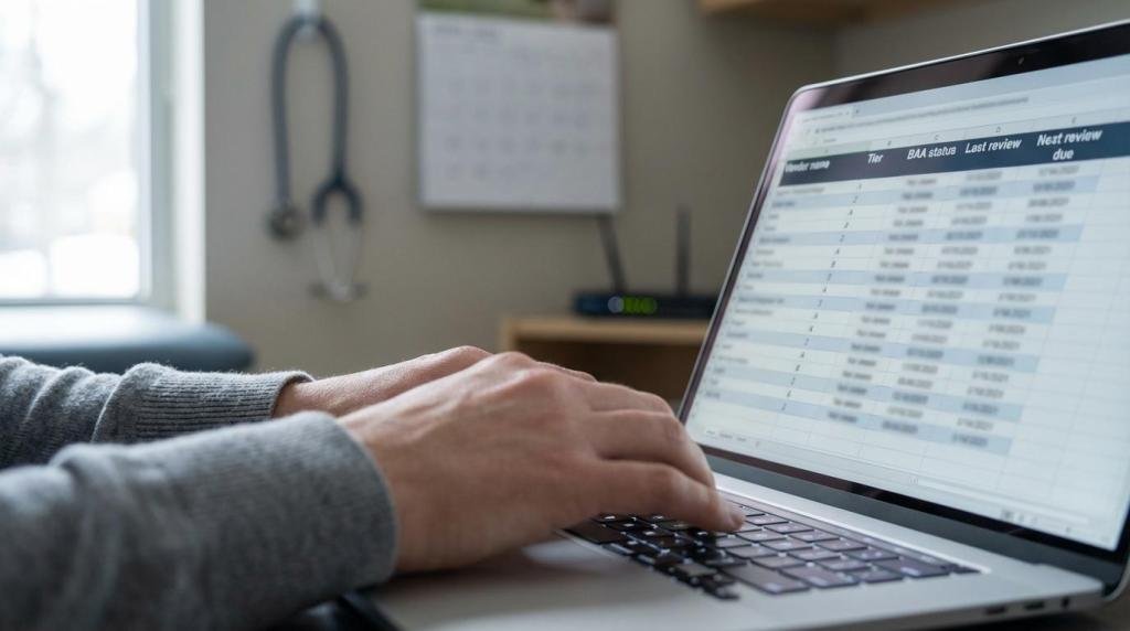 Person working on a laptop displaying a spreadsheet in a medical office with a stethoscope hanging in the background.