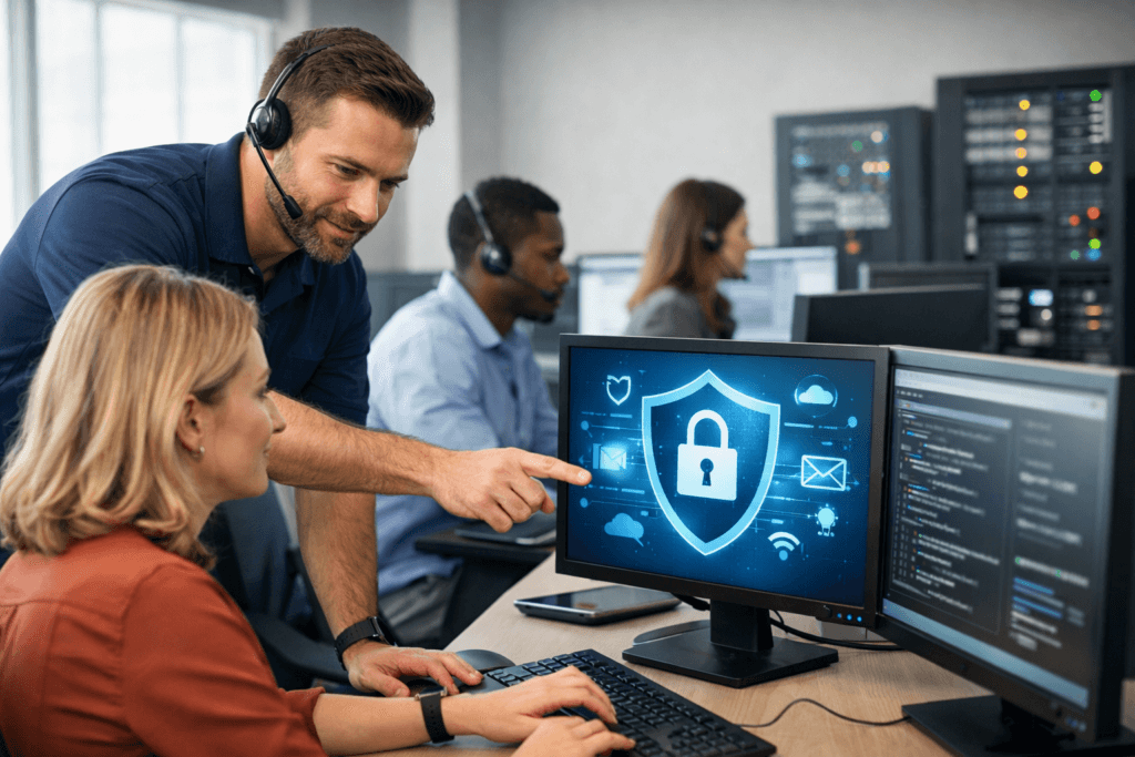 Cybersecurity team reviewing a computer screen with a lock icon and security alerts