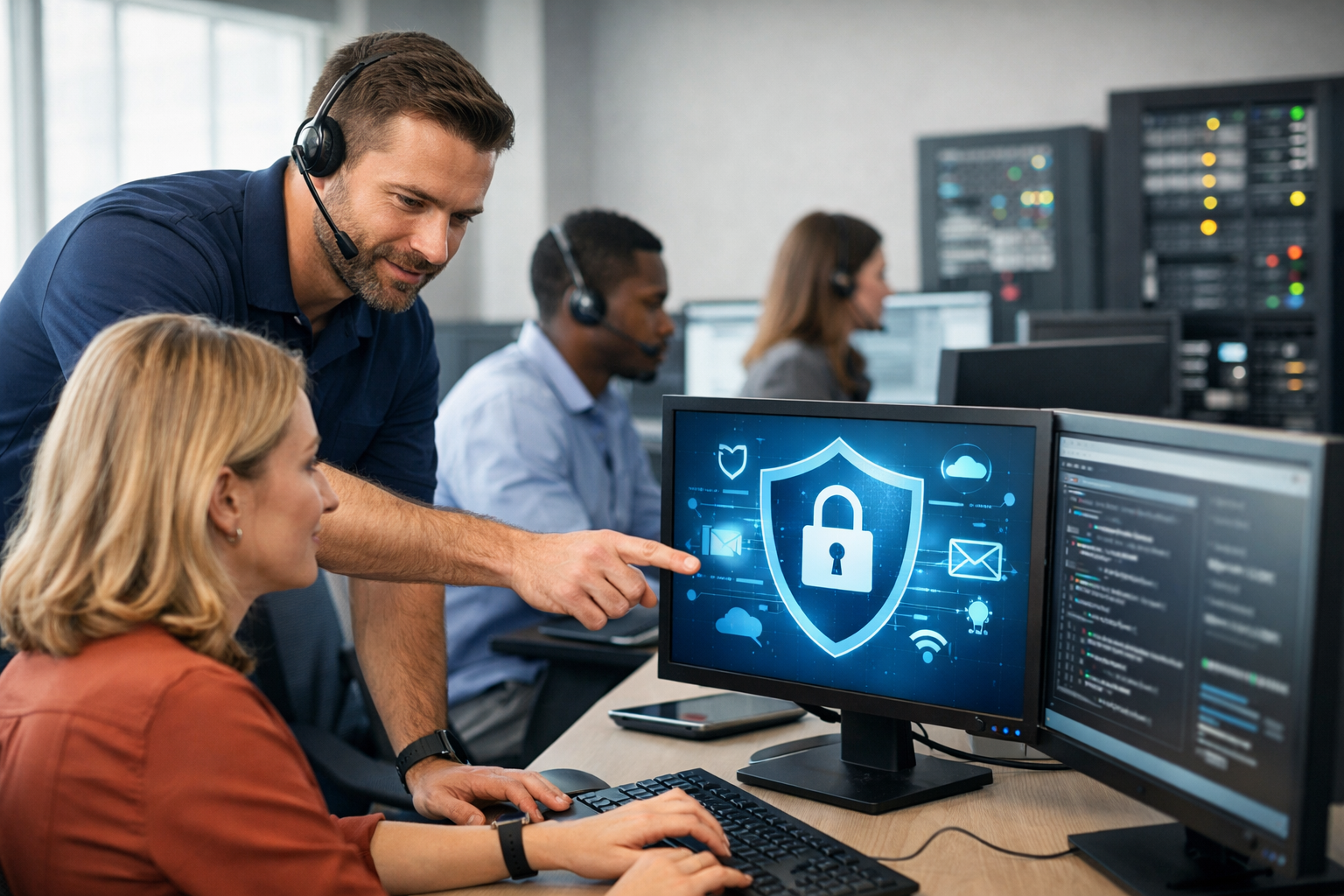IT support technician assisting a small business employee with cybersecurity and computer system management in a modern office