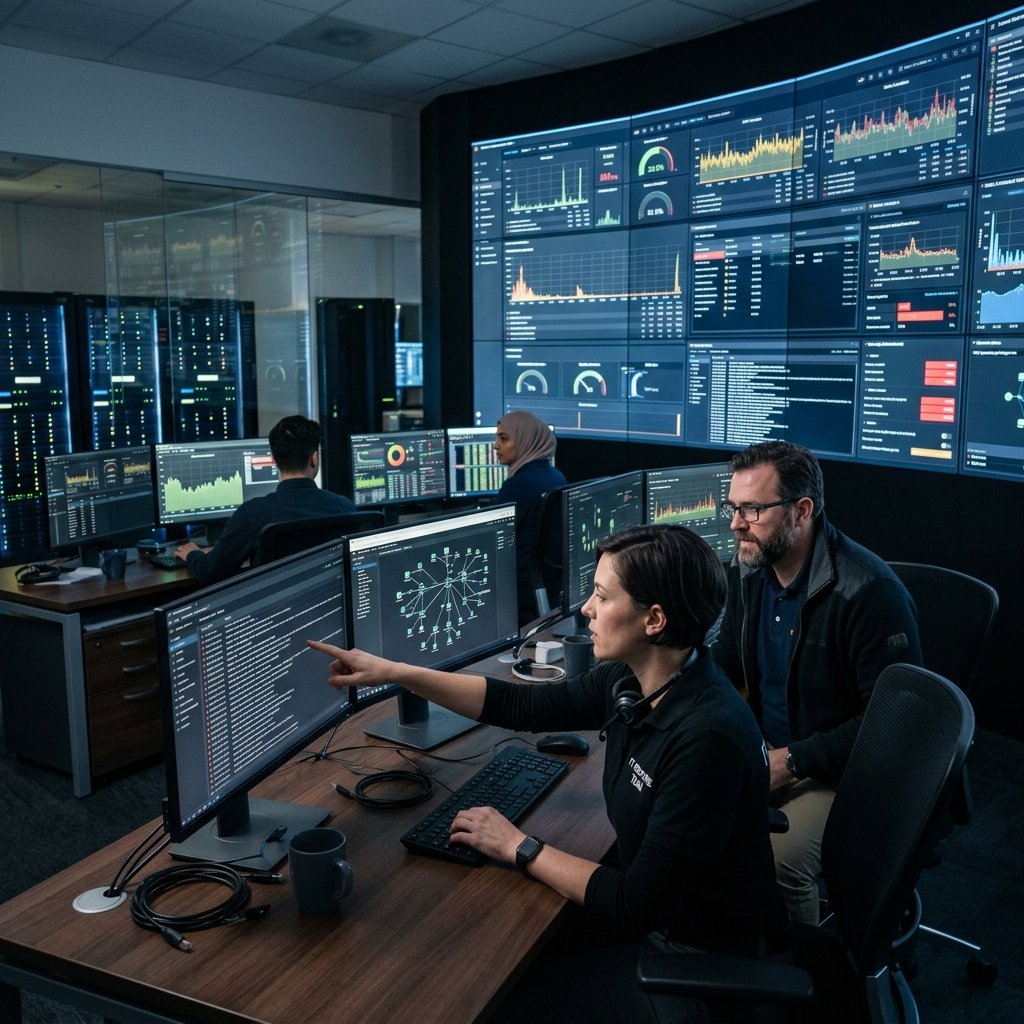 Professional IT response team analyzing server data