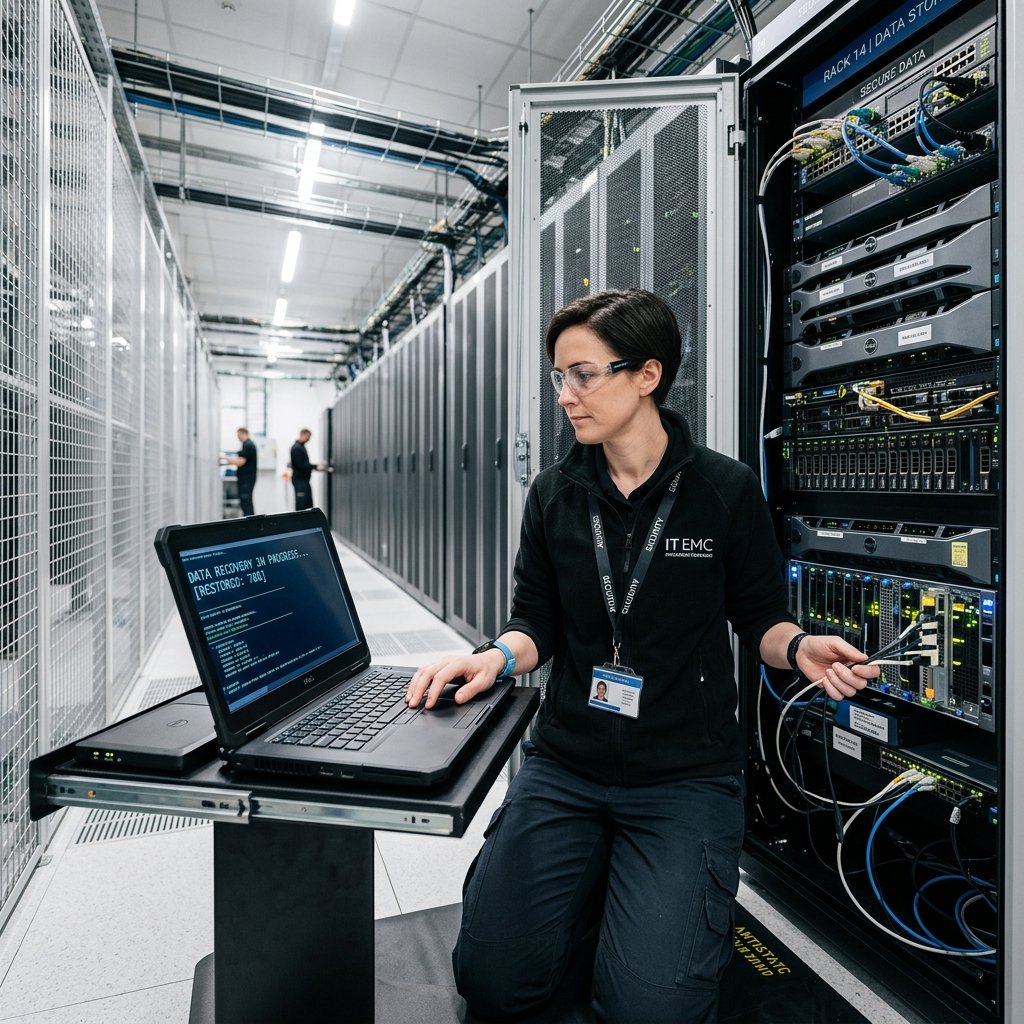 IT technician restoring data on a secure server rack