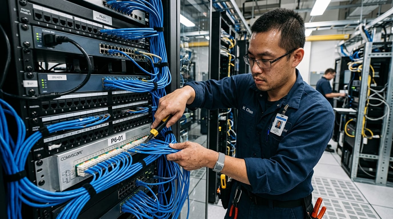 Business PC Support - Managed It Services 6 Network cabling technician installing enterprise infrastructure